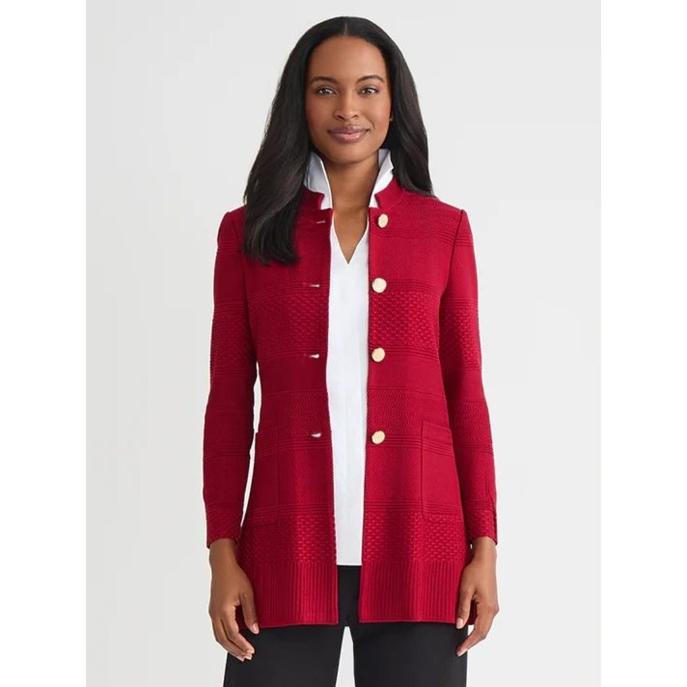 Misook Red Knit 2 Piece Blazer and Tank Set Gold Crest Buttons Size M